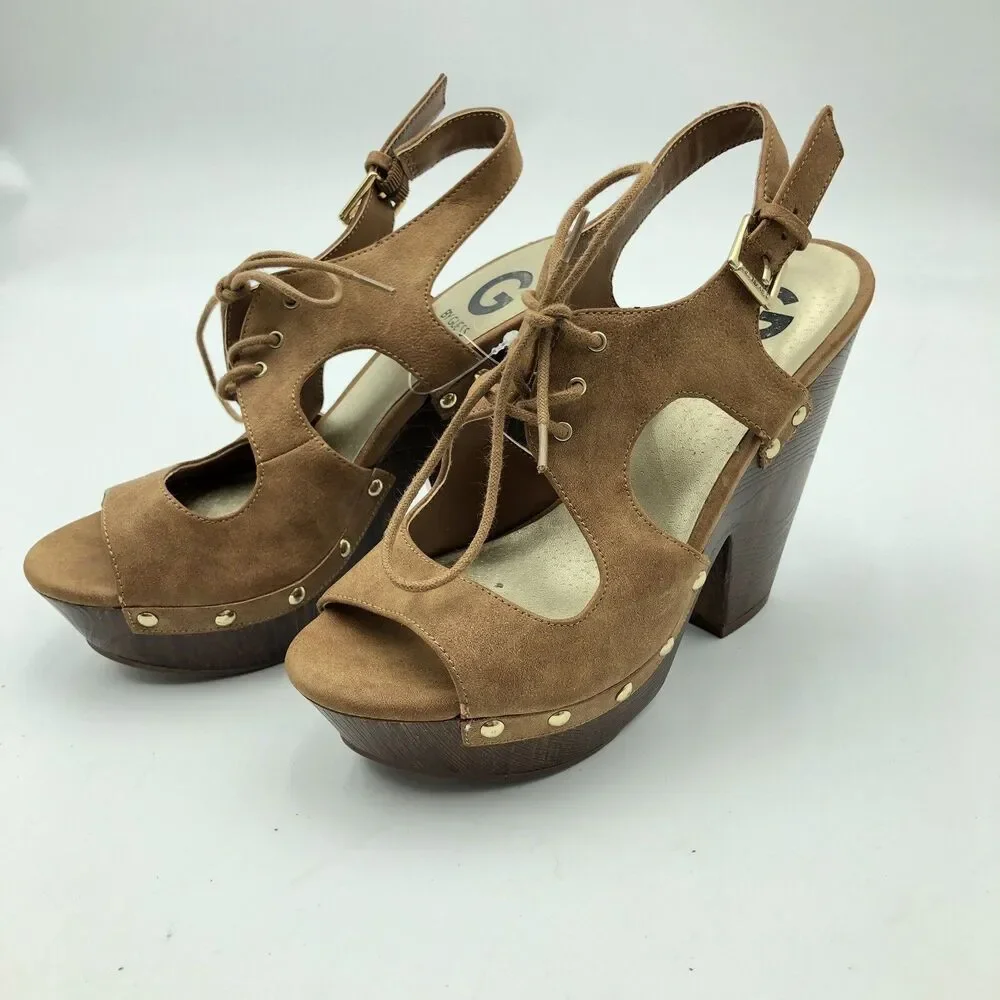 G By GUESS Brown Lace Up Sling Back Open Toe Suede Leather Heel Pump Size 6.5